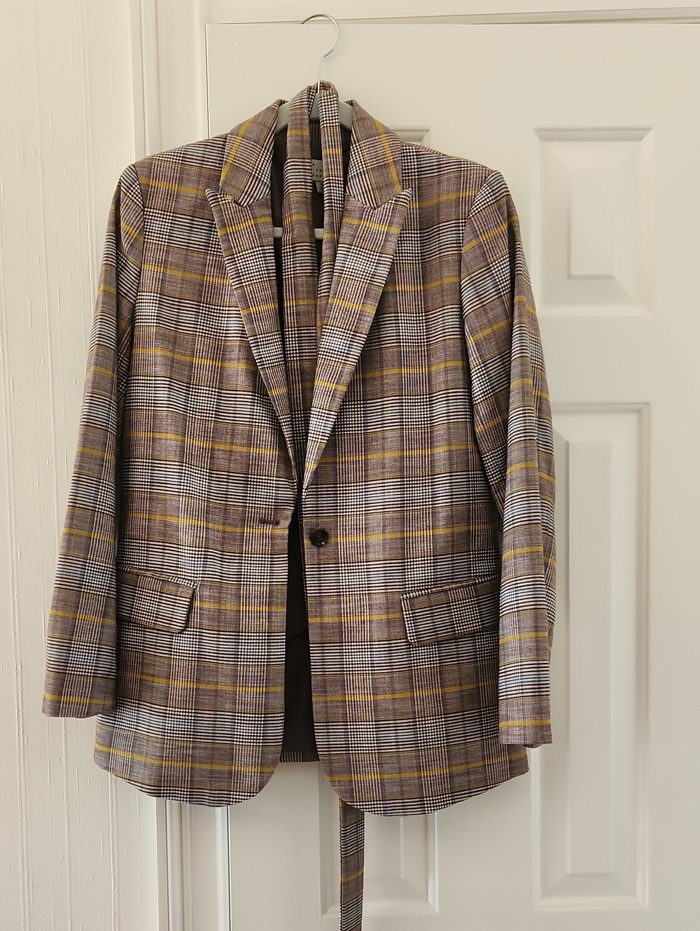 a new day Plaid Single-Button Blazer in Brown and Yellow w/ Detachable Belt